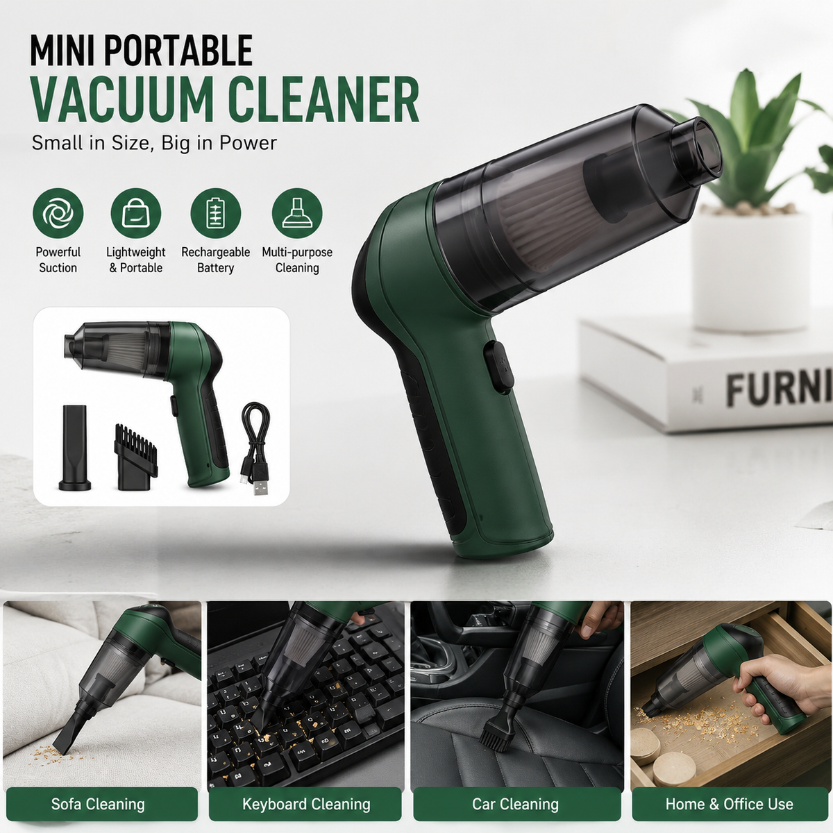 Portable Mini Vacuum Cleaner
Compact, Cordless & Powerful Portable Vacuum Cleaner