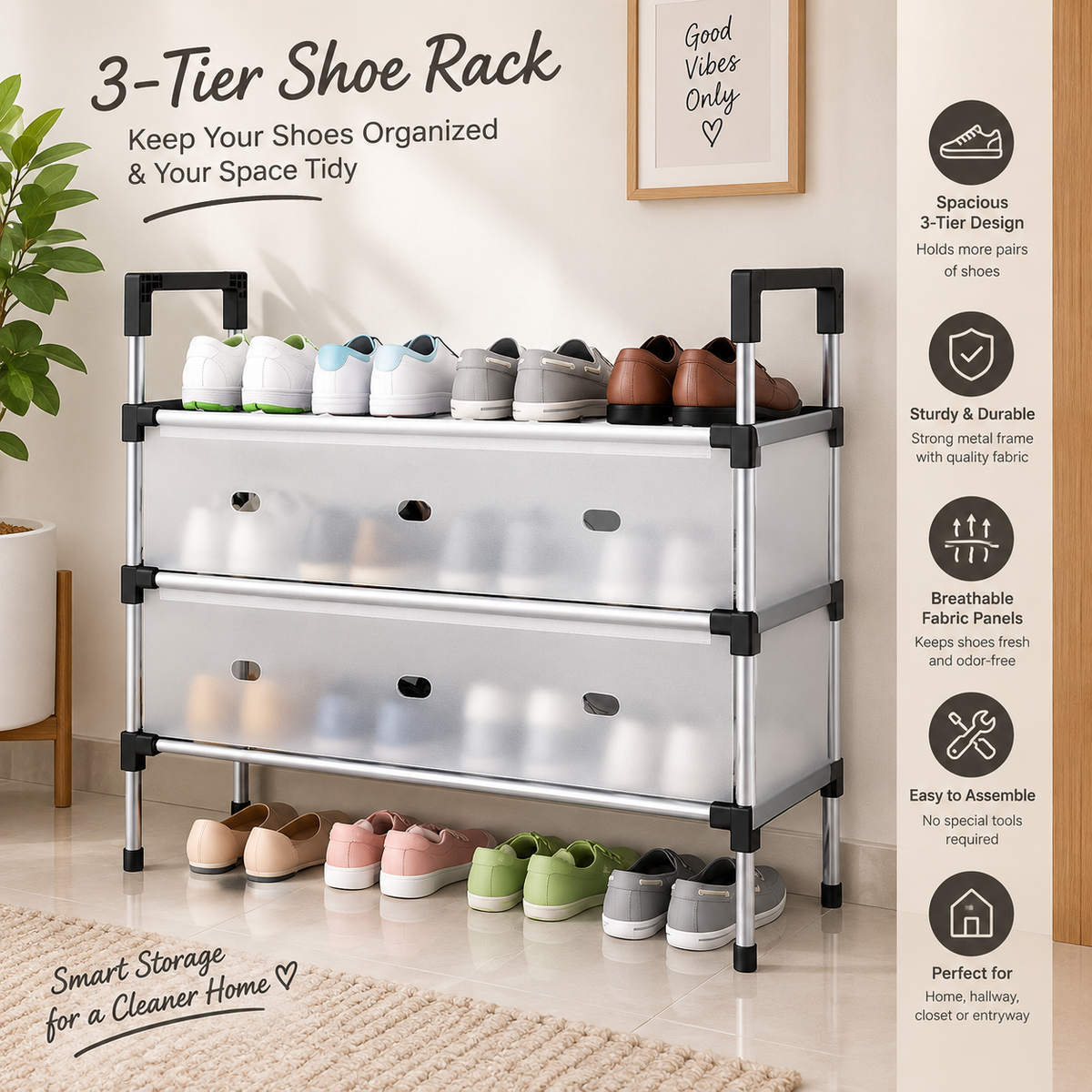 3-Tier Shoe Rack Organizer – Space-Saving Portable Shoe Storage Stand for Home, Bedroom & Entryway